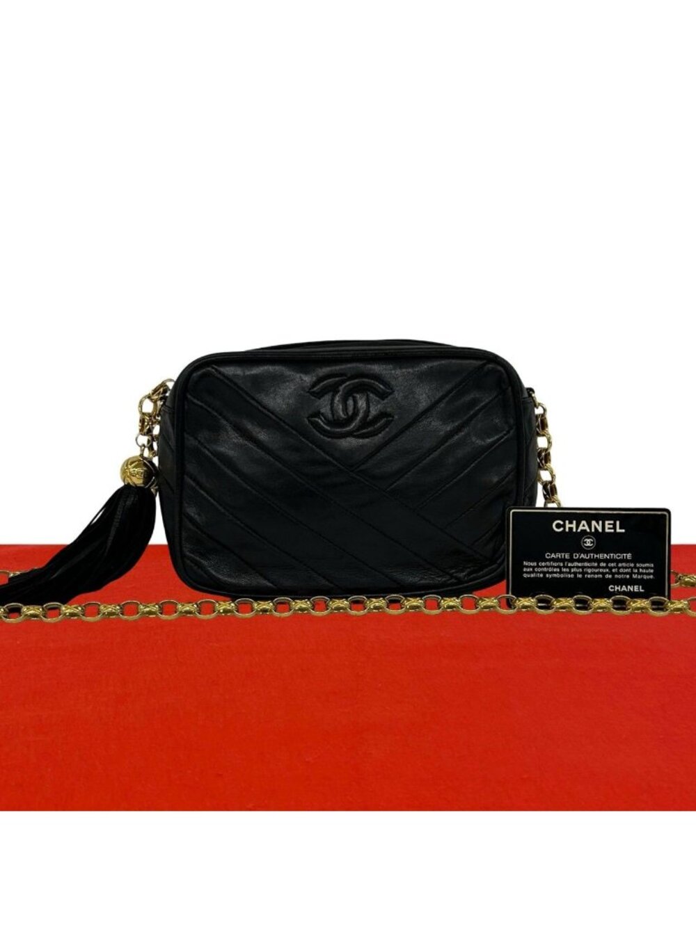 Chanel CC Logo V-stitch Tassel Lambskin Chain Shoulder Bag Black